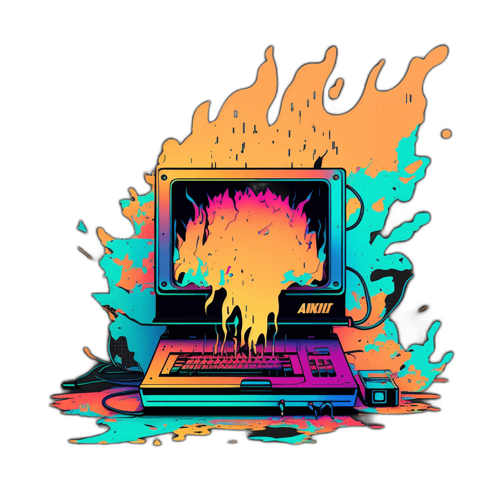 An image created with Midjourney AI. Prompt: a flat vector logo of a 90s computer with neon flames exploding from the screen in a vaporwave style